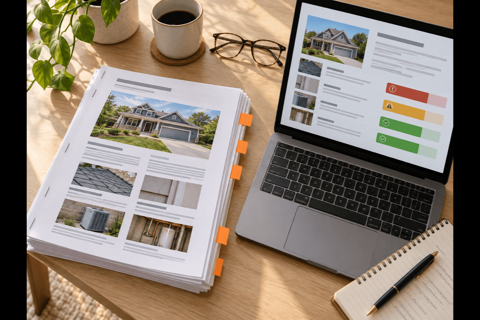 A printed home inspection report beside a laptop showing a one-page summary