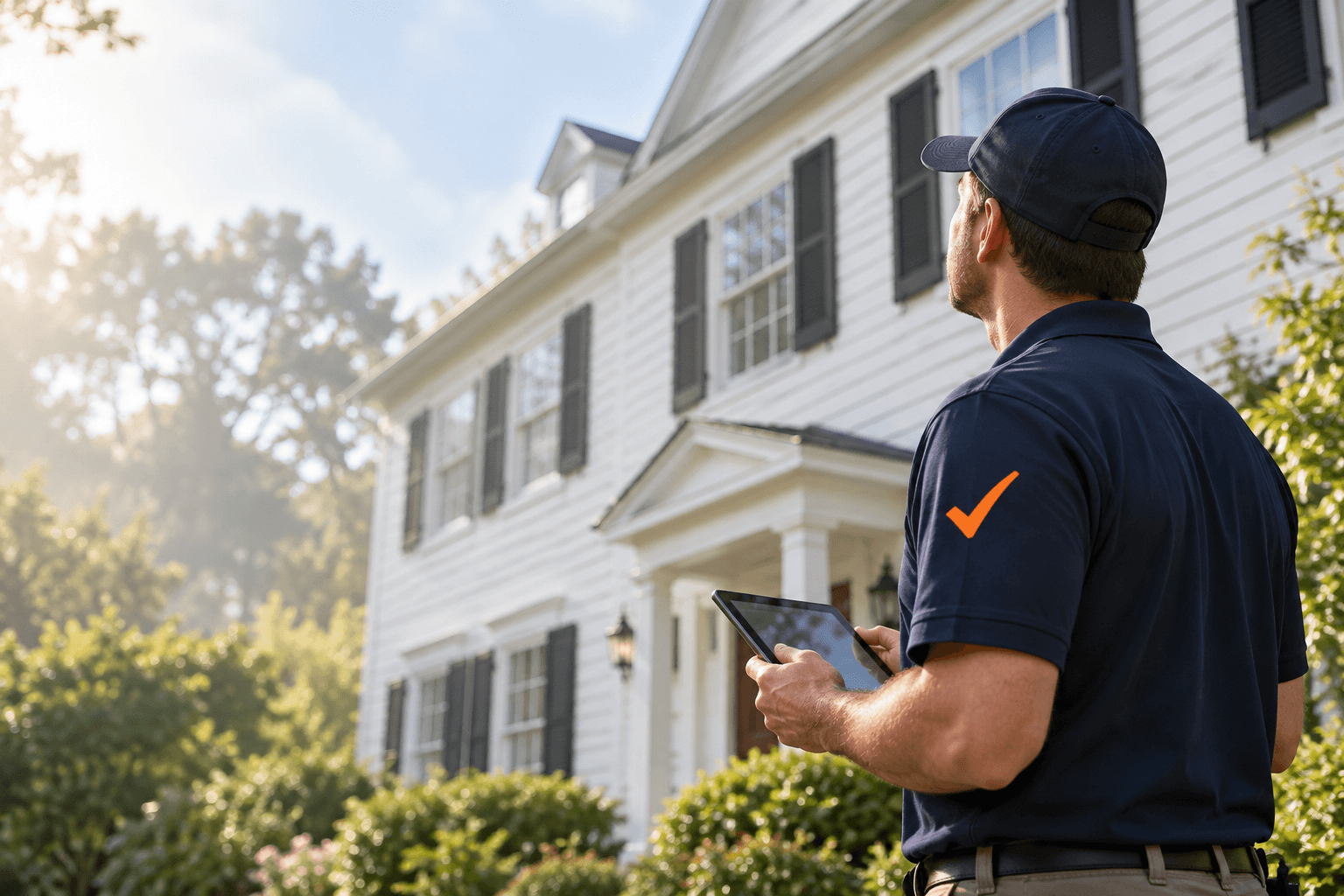A home inspector holding a tablet and looking up at a white colonial house