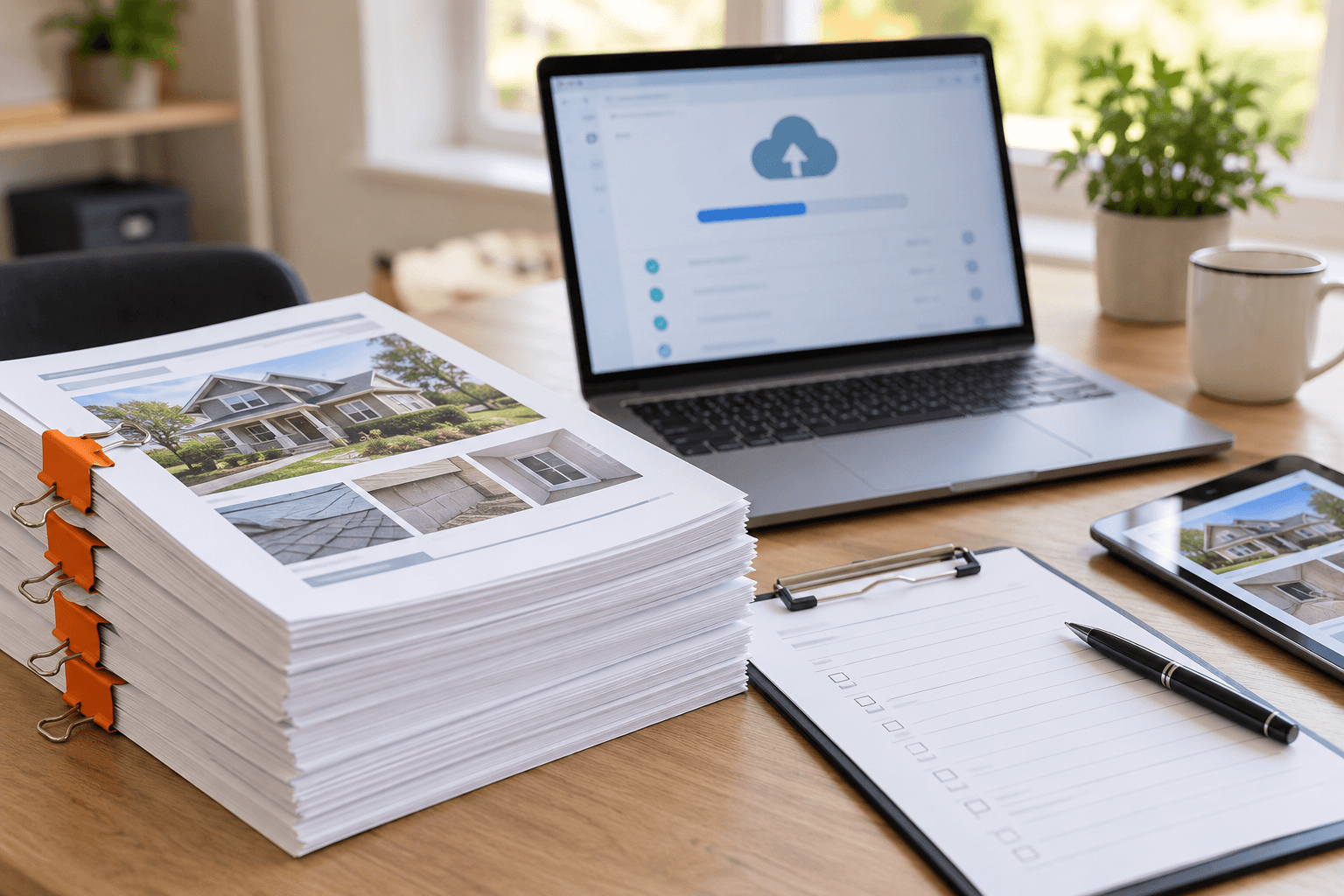 A stack of printed inspection reports beside a laptop on an inspector's desk