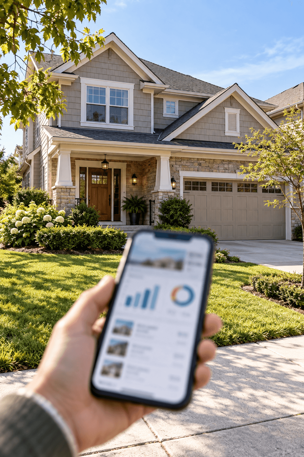 A two-story suburban home, with a hand in the foreground holding a phone that shows a property report