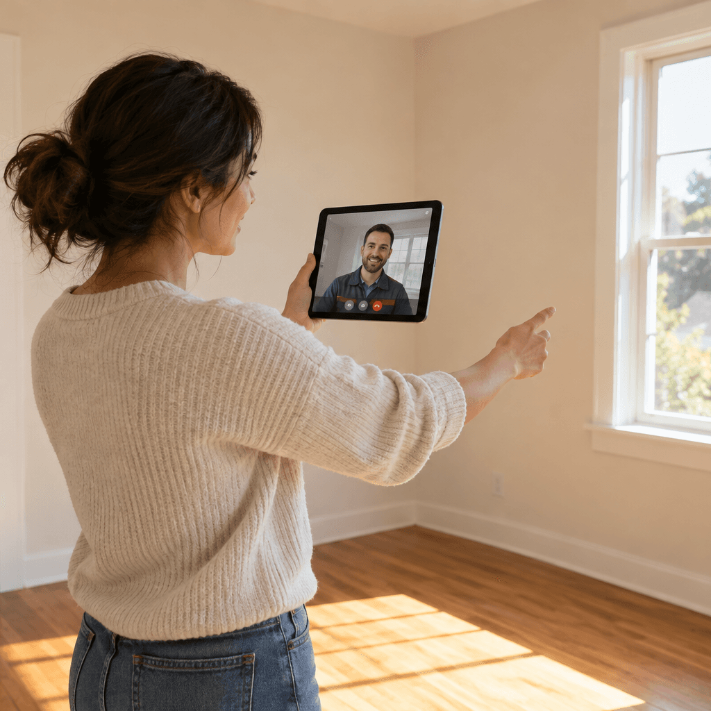 A woman holding up a tablet in an empty bedroom during a video walkthrough